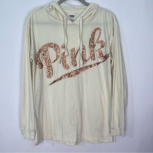 Victorias Secret Pink Cream with Pink Sequin Lightweight Hooded Top Sz XS